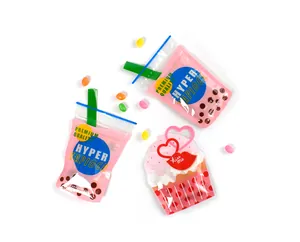 Detailed view of creative milk tea and cupcake shaped ziplock bags for gift packaging