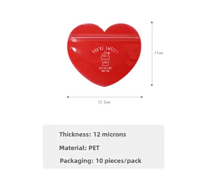 Detail of red heart self-sealing snack bags with white graphics and 12.5x11cm dimensions