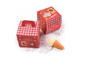 Detail of red checkered mini gift boxes featuring cute bear illustrations and handles