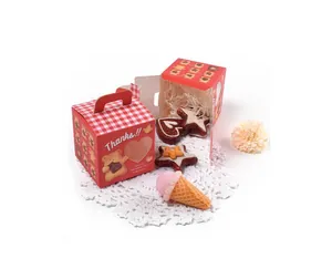Detail of red gingham gift box with bear illustration and heart-shaped clear window