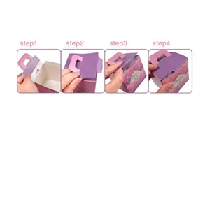 Step-by-step assembly guide for a purple floral paper gift box with handle