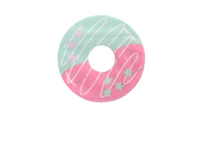 Detailed view of donut shaped inflatable ring in mint green and pink macaron colors