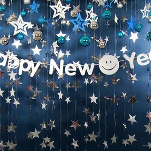 Happy New Year banner with blue and silver mirror stars for holiday party decoration
