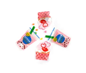 Detail view of cute cartoon milk tea and heart patterned mini resealable gift bags
