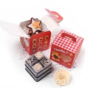 Square red bear cookie gift box with heart window, handle, and plaid lid for festive treats