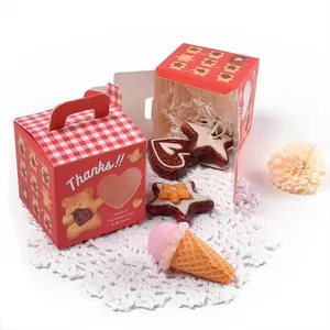 Square red teddy bear gift boxes with window and red checkered handles for cookies