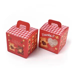 Mini square red and white checkered bear cookie gift boxes with clear heart window