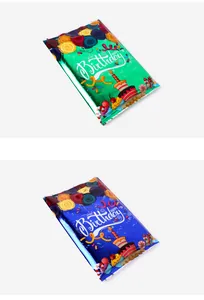 Green and blue Happy Birthday foil gift bags with colorful balloons and cake designs