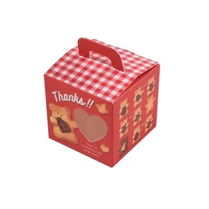 Square red checkered mini gift box with cute bear prints and handle for candy packaging