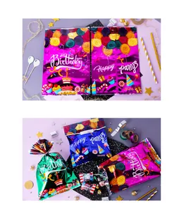 Detailed close-up of colorful pearlescent foil Happy Birthday party gift bags set