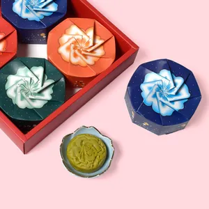 Ensemble de Boîtes Cadeau Mooncake Style Chinois Motif Floral Boîte en Papier Pliable Octogonale Avec Sac à Main