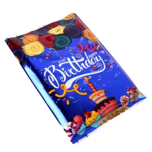 Dark blue pearlescent Happy Birthday gift bag with colorful balloons and cake patterns