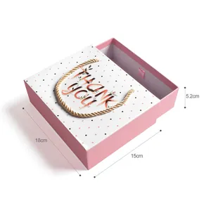 Pink drawer gift box with THANK YOU print and gold rope handle, size 18x15x5.2cm