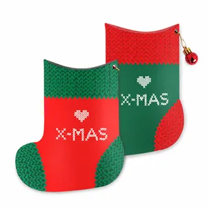 10 Pieces Christmas Sock Shaped Gift Boxes Red Green Folding Paper Candy Box X-MAS Pattern Festive Party Packaging Supplies