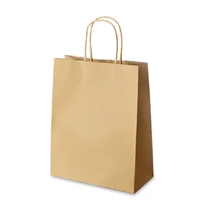 Sac cadeau en papier kraft marron avec poignées torsadées et soufflet sur fond blanc