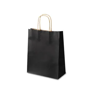 Matte black kraft paper gift bag with twisted rope handles for food and tea packaging