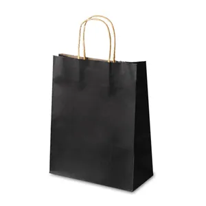 Classic black kraft paper gift bag with twisted brown handles for retail and food packaging