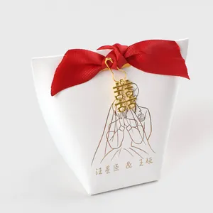 Elegant white wedding candy gift box with red bow and gold double happiness charm
