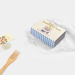 Rectangular cartoon cat gift box with blue plaid and a festive picnic setup