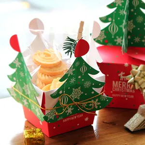 Christmas tree shaped gift box with red base and golden string for cookies or candy