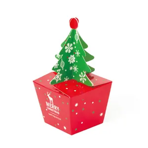 Christmas gift box with red reindeer pattern and green 3D paper tree lid topper