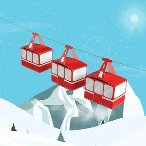 Tres cajas de regalo de teleférico rojo presentadas sobre un fondo de montaña nevada