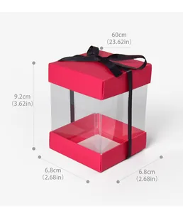 Dettagli scatola regalo rosa trasparente, altezza 9,2cm con elegante nastro nero