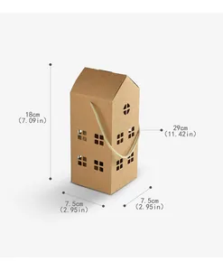 Detail of house-shaped gift box with cutout windows and top handle measurements
