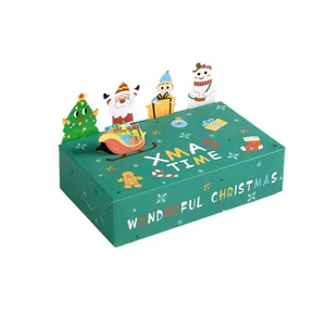Green Christmas 3D gift boxes with Santa and Snowman pop-ups for holiday treats