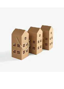 Detail of house-shaped brown kraft paper gift boxes with cutout windows and twine handle
