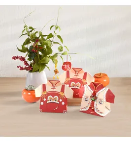 Detail of red Tang suit style candy box with lion embroidery and traditional knot