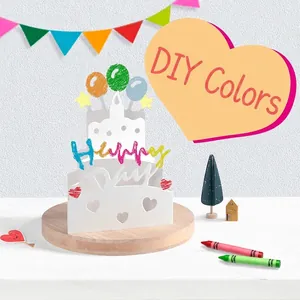 3D white Happy Birthday pop-up card with DIY coloring cake, balloons and stars design