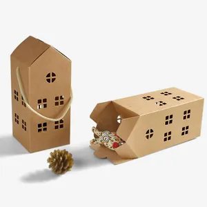Mini house shaped kraft paper gift box with cotton handles for cookies and candy