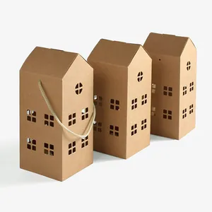 Three-piece house-shaped kraft paper gift boxes with geometric hollow windows and rope handles