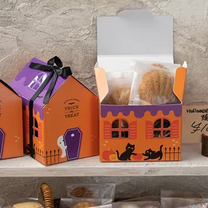 Creative house-shaped Halloween gift boxes with ribbons and spooky elements