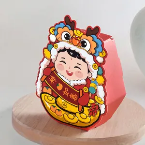 Feestelijke rode Nieuwjaars snoepdoos met schattige leeuwendans kind illustratie