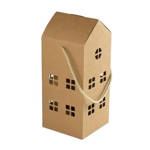 Eco-friendly house-shaped kraft paper gift box with hollow windows and twine handle