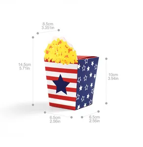 Detailed dimensions of patriotic popcorn gift box with American flag stars and stripes