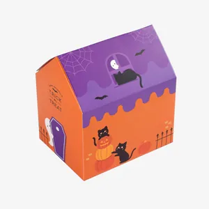 House-shaped Halloween gift box with black cat, pumpkin, and ghost illustrations