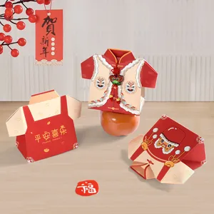 Traditional red Tang Suit shaped candy gift boxes with festive lion illustrations