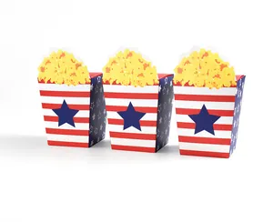 Three creative popcorn-style folding gift boxes with American flag stars and stripes pattern