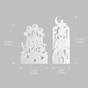 3D white Happy Birthday card with hollow silhouette balloon cake and moon architecture