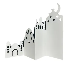 3D foldable white card with mosque silhouette and moon cutouts for Ramadan decoration