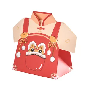 Traditional red Chinese Tang suit shaped candy box with golden ingot and lion patterns