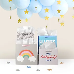 Set di sacchetti regalo colorati con manici in nastro e scritte Happy per feste