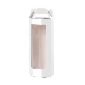 White hexagonal folding gift box with transparent window and handle for flowers
