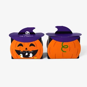 Halloween pumpkin candy boxes with purple wizard hats and Trick or Treat printing