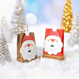 Christmas DIY Santa gift bags in brown kraft and red paper with merry Christmas cards