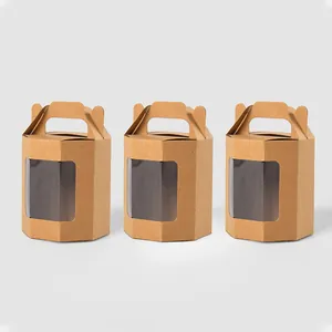 Scatola Regalo Esagonale in Carta Kraft Con Manico Finestra in PVC Trasparente Scatola per Imballaggio Pieghevole per Biscotti da Forno Bomboniera Marrone