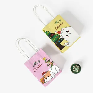 Christmas small gift bags featuring cute cat and dog illustrations with white rope handles